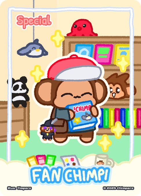 A cartoon illustration for 'FAN CHIMP!' showing a monkey in a red cap holding a book, surrounded by other animals, with a 'Special' label in the corner.