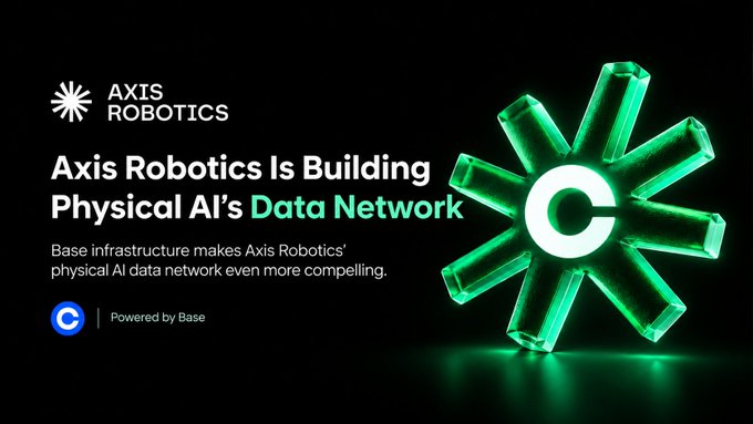 A promotional graphic for 'Axis Robotics' stating they are 'Building Physical AI's Data Network,' featuring a glowing green star-shaped logo with a 'C' and 'Powered by Base'.