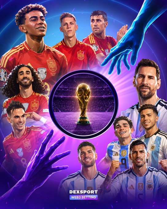 A vibrant World Cup promotional graphic features players from Spain (including Lamine Yamal and Dani Olmo) and Argentina (including Lionel Messi and Julián Álvarez) flanking the golden FIFA World Cup trophy, with ethereal blue hands reaching toward it against a purple cosmic backdrop. The "DEXSPORT WEB3 BETTING" logo appears at the bottom, directly tying into the post's recommendation of Dexsport's crypto betting platform with live World Cup odds, easy wallet connectivity, and no KYC requirements.