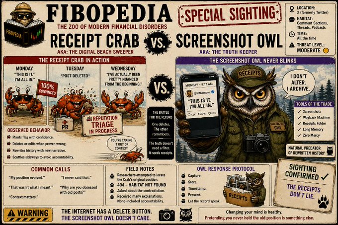 This "Fibopedia" infographic humorously contrasts the "Receipt Crab" (representing how receipts surface online) with the "Screenshot Owl" (representing permanent digital records), illustrating the lesson that deleting posts like failed support for #Bip110 doesn't erase the evidence once the internet has captured it.