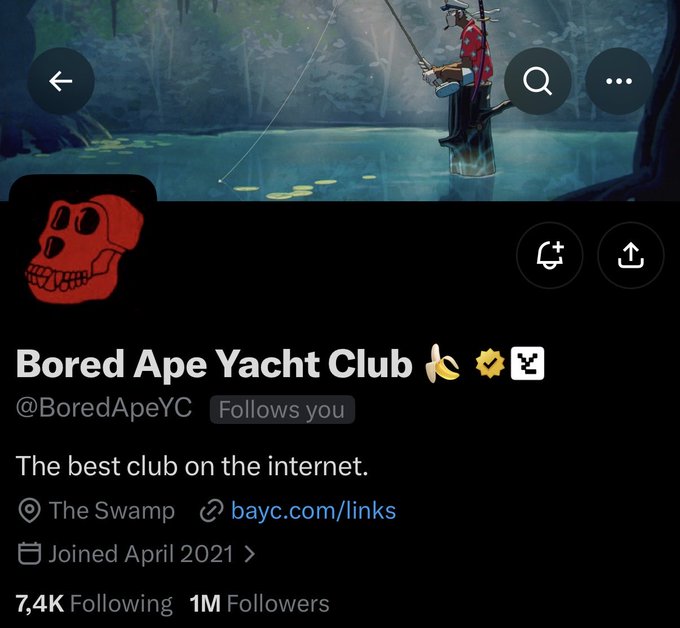 A Twitter profile page for 'Bored Ape Yacht Club' (@BoredApeYC) showing '1M Followers' and the bio 'The best club on the internet.'