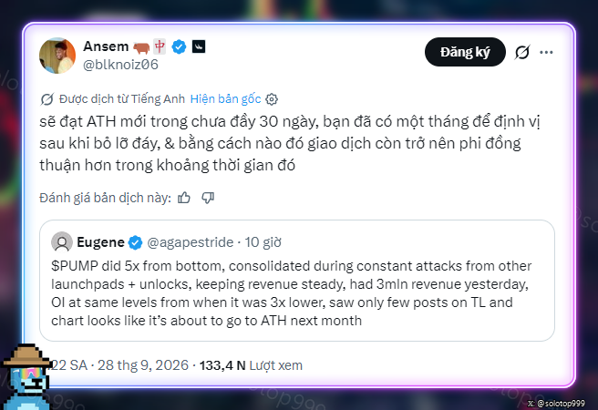 The image shows a Vietnamese-translated tweet from crypto influencer Ansem (@blknoiz06) quoting Eugene (@agapestride), who notes that $PUMP surged 5x from its bottom, consolidated through competitor attacks, generated $3M in revenue yesterday, and maintained stable OI levels, suggesting it's poised to break its all-time high (ATH) next month. The accompanying post highlights the irony of Ansem's late bullish call on $PUMP after it already tripled, contrasting his silence when it was at the bottom and noting his tendency to only shill already-pumping tokens like $HYPE, $VVV, and $ZEC.