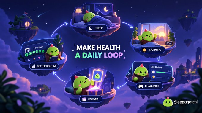 A promotional graphic for the Sleepagotchi app features a green cat character in various scenes forming a daily loop with the central text 'MAKE HEALTH A DAILY LOOP'.