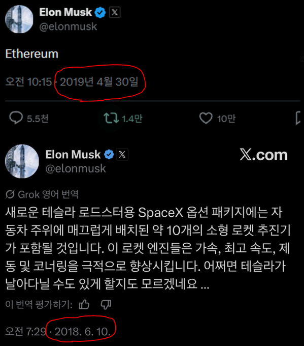 The screenshot features two of Elon Musk's tweets about Ethereum from April 30, 2019, and June 10, 2018 (circled in red), with a Grok-generated translation commenting on how Tesla and SpaceX's technologies have advanced dramatically—from rockets carrying payloads to potential flying cars—while Ethereum remains stagnant. The image humorously underscores the post's point about how much time has passed and how much progress has been made elsewhere, yet Ethereum still hasn't "walked, let alone flown."