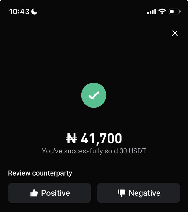 A mobile app confirmation screen showing a green checkmark, '₦ 41,700', and 'You've successfully sold 30 USDT' with options to 'Review counterparty' as Positive or Negative.