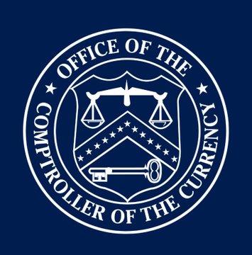 The official seal of the 'OFFICE OF THE COMPTROLLER OF THE CURRENCY' in white on a dark blue background, featuring a shield with scales of justice, stars, and a key.