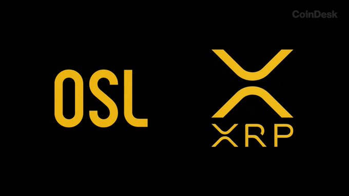 The image displays the yellow logos of "OSL" and "XRP" against a black background, with a "CoinDesk" watermark in the top right corner. It visually highlights OSL Group's milestone as Hong Kong's first licensed exchange to offer retail XRP trading, as referenced in the accompanying post.