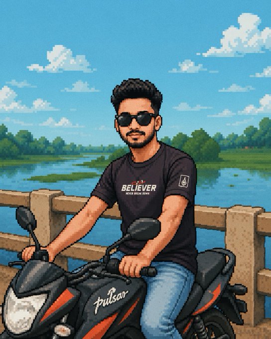 A digital illustration of a bearded young man wearing sunglasses and a black 'BELIEVER' t-shirt, posing on a Bajaj Pulsar motorcycle with a river and bridge in the background.