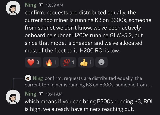 A Discord screenshot shows a user named 'Ning' discussing miner allocation, mentioning 'B300s running K3' has high ROI while 'H200s running GLM-5.2' has low ROI.