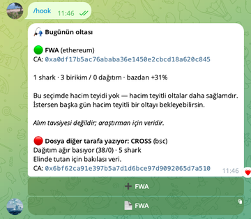 A Telegram chat screenshot in Turkish from user /hook discussing FWA (ethereum) and CROSS (bsc) token contract addresses and shark hunting missions.