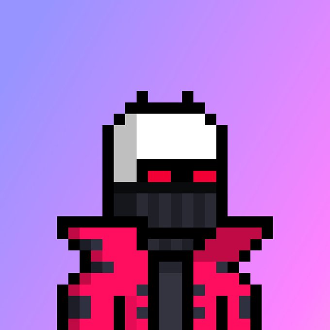 A pixel art character in a red outfit with a black helmet on a purple gradient background.