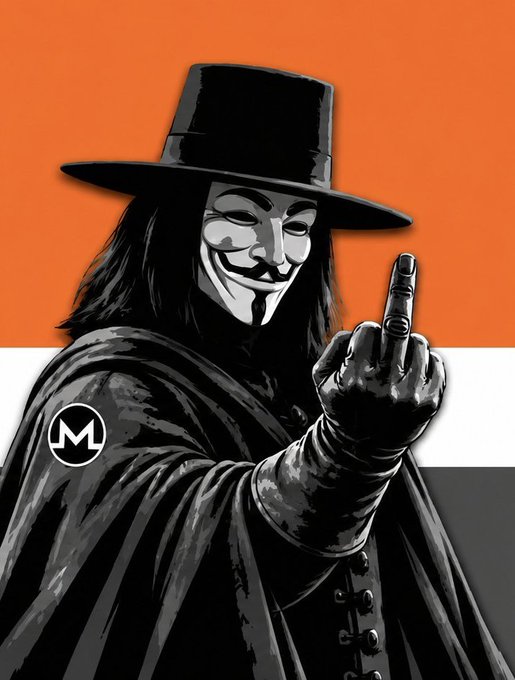 A black and white illustration of a Guy Fawkes mask-wearing figure in a wide-brimmed hat and cloak, giving the middle finger against an orange background with a Monero (XMR) cryptocurrency logo.