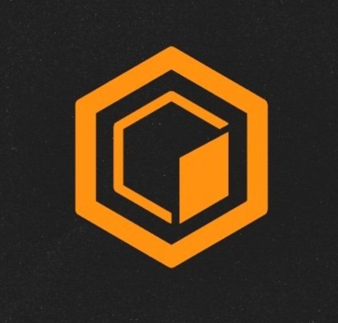 An orange hexagonal logo on a dark textured background.