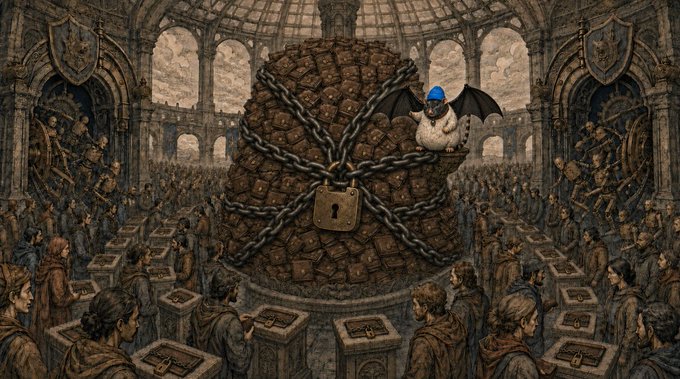 An illustrated scene of a massive boulder wrapped in chains and a padlock in the center of a grand hall, surrounded by a crowd; a small white bat with a blue hat sits on the rock.