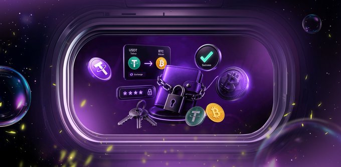 A 3D rendered graphic shows cryptocurrency exchange icons for USDT Tether and BTC Bitcoin inside a purple glowing safe or container, with a 'Success' checkmark and padlock visible.