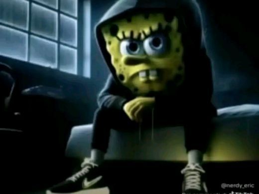 The image shows a darkly edited, edgy version of SpongeBob SquarePants sitting slumped in a hoodie, conveying a cynical or jaded mood. The watermark "@nerdy.eric" is visible in the corner. This aligns with the post's frustrated tone criticizing crypto projects for hypocrisy around airdrop usage.