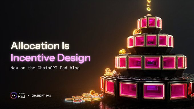 A blog header for "Allocation Is Incentive Design" on the ChainGPT Pad blog, featuring a pyramid-shaped tower of glowing pink treasure chests with gold coins spilling out, visually illustrating how IDO allocation mechanics shape who participates and becomes a day-one token holder.