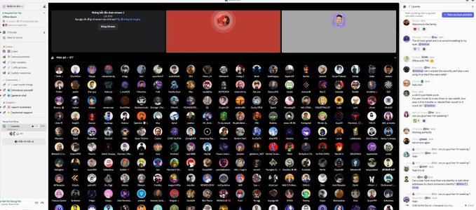 A Discord/Telegram group chat screenshot showing a large collection of cryptocurrency/NFT project logos in a grid layout, with conversation panels on both sides.