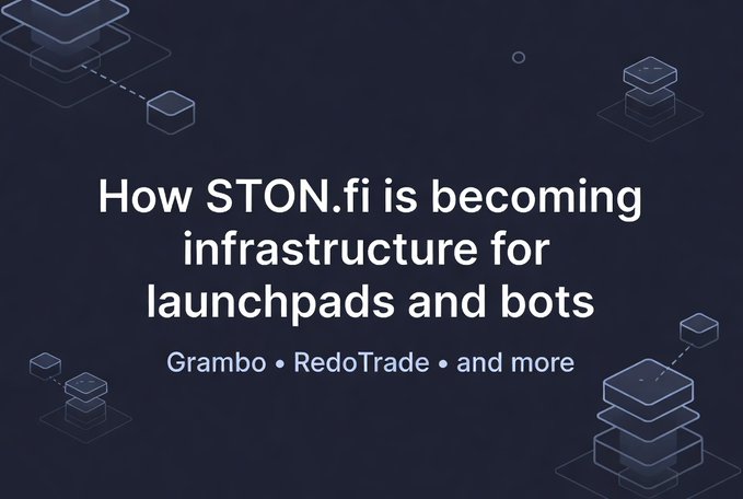 A dark blue graphic with isometric cube illustrations and the headline 'How STON.fi is becoming infrastructure for launchpads and bots', mentioning Grambo, RedoTrade, and more.
