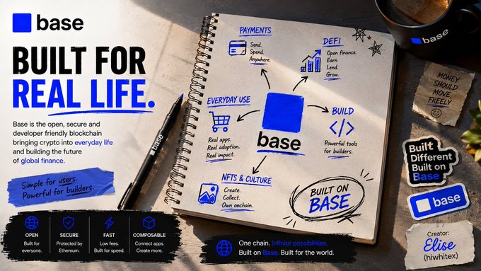 A promotional graphic for 'Base' blockchain featuring the headline 'BUILT FOR REAL LIFE' with a hand-drawn notebook showing the platform's features including Payments, DeFi, Everyday Use, NFTs & Culture, and Build, credited to creator 'Elise (hiwhitex).'