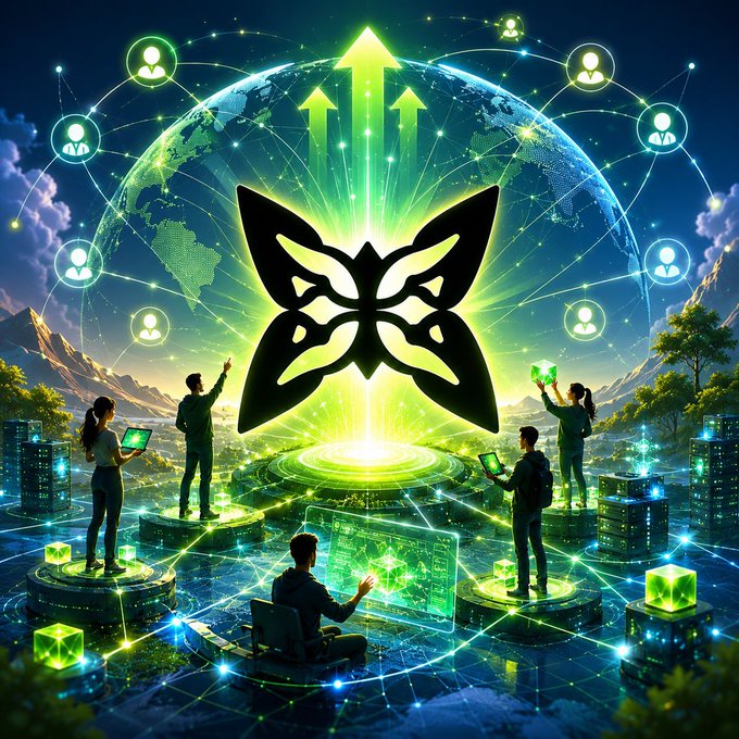 A futuristic digital illustration featuring a glowing green butterfly logo over a luminous Earth, surrounded by people on platforms connected by networks, with upward-pointing arrows and user profile icons floating in the sky.