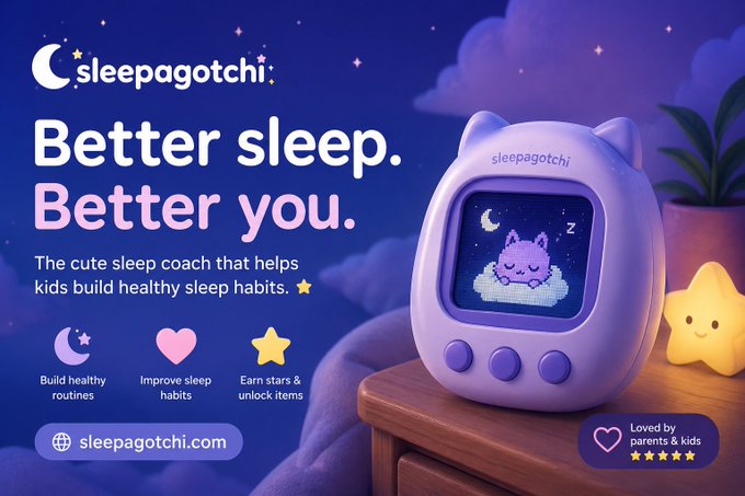 The image features an advertisement for a sleep aid device called "Sleepagotchi". The device is designed as a small, purple toy with a cartoon cat face that sleeps. It has a screen displaying a crescent moon and stars, which are typical elements of a night sky scene in the game it represents. The text on the image promotes the idea of using the Sleepagotchi to improve sleep quality by encouraging users to "Go to sleep for health", "Go to sleep for XP, rewards & progression", and "Learn better".
