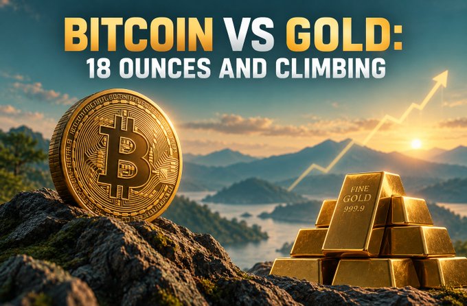 A promotional graphic titled "BITCOIN VS GOLD: 18 OUNCES AND CLIMBING" features a large Bitcoin coin and gold bars set against a mountainous landscape with a rising arrow.