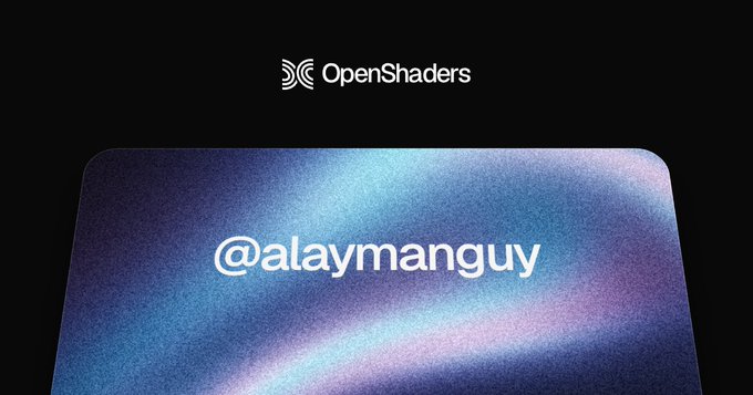 A promotional graphic for 'OpenShaders' displays the username '@alaymanguy' over an iridescent, rainbow-colored textured background.