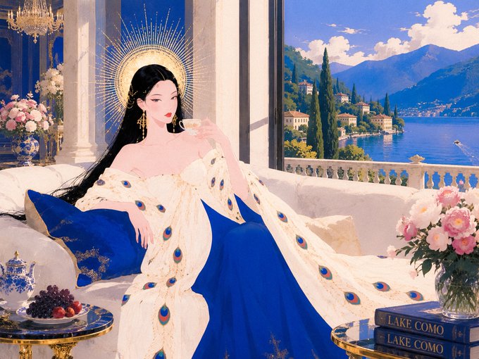 An illustration of an Asian woman with long black hair wearing an elegant white and blue peacock-feather gown, seated in a luxurious room overlooking Lake Como with books titled 'LAKE COMO' nearby.