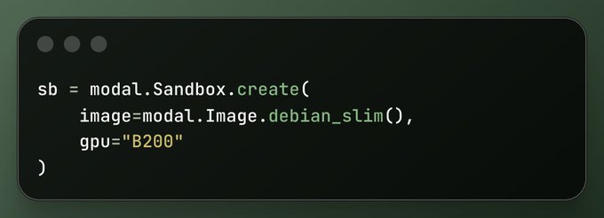 A code snippet demonstrating how to create a Modal Sandbox with a Debian slim image on a B200 GPU, illustrating the simple API call needed to spin up GPU sandboxes for reinforcement learning scaling.