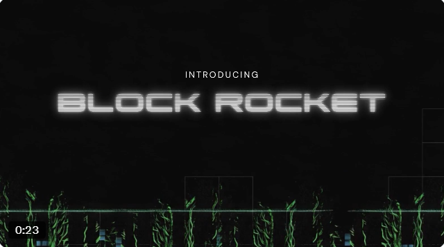 A dark screen with futuristic text reading "INTRODUCING BLOCK ROCKET" with a timestamp of 0:23 in the corner, suggesting a video or game intro.