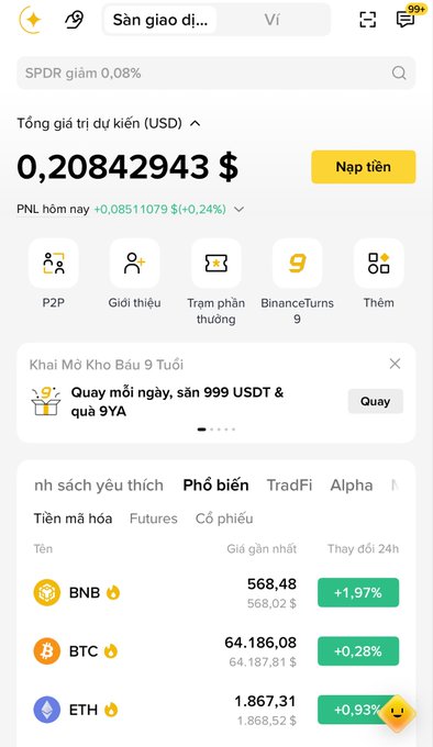 A Binance app screenshot in Vietnamese showing a portfolio value of $0.20842943 for SPDR (down 0.08%), with current prices for BNB ($568.48), BTC ($64,186.08), and ETH ($1,867.31).