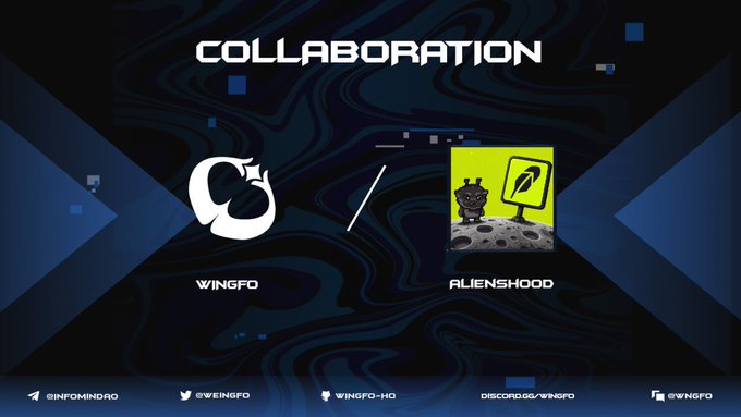 Promotional graphic announcing a collaboration between "WINGFO" and "ALIENSHOOD," featuring both logos on a dark blue textured background with "COLLABORATION" displayed at the top and social media handles (@INFOMINDAO, @WEINGFO, WINGFO-HQ) along the bottom. The image visually reinforces the partnership announcement, with details about the limited 1111-supply Alien PFP collection, mint price of 0.001 ETH, and giveaway requirements listed in the accompanying post.