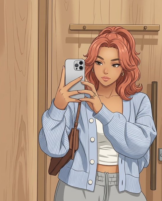 An anime-style digital illustration of a young woman with wavy pink hair taking a mirror selfie with her smartphone, wearing a light blue cardigan over a white top, standing against a wooden door background.
