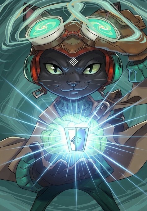 The image features an illustration of a cat wearing goggles, holding a blue object with a green glow at its paws. The cat appears to be in a fighting stance, as if ready for battle or engaged in a duel. The background of the image is dark and filled with bright blue light, creating a dramatic effect that emphasizes the cat's presence.

The post seems to be related to an online gaming community, possibly discussing the character Agent from a video game series. It mentions that Agent has become a partner in their ritual tests, which could imply that they are now working together or collaborating on a specific task. The image also includes text that reads "Focus on what is in the image and how it relates to the post".