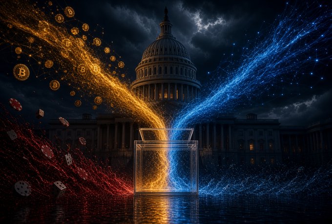 A glowing open box streams golden Bitcoin symbols, blue data streams, and red casino chips against the backdrop of the U.S. Capitol, symbolizing the $517 million already poured by crypto, AI, and betting firms into the 2026 midterm cycle—amounts echoing the massive $90M+ Musk and $106M Brin PAC war chests.