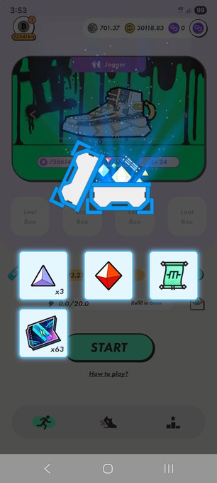 A mobile game screen showing a 'Jogger' sneaker NFT with unboxed reward icons and a 'START' button.