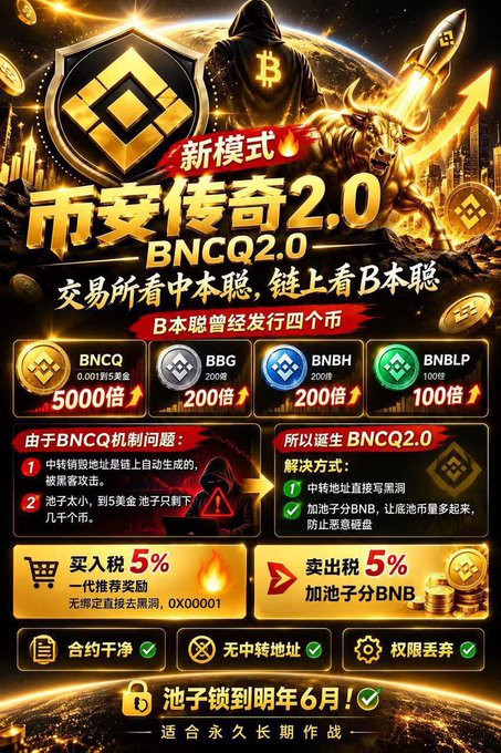A black-and-gold Chinese cryptocurrency advertisement for “币安传奇2.0 / BNCQ2.0” promotes BNCQ, BBG, BNBH, and BNBILP, with claims such as “5000倍,” “200倍,” “100倍,” “买入税5%,” and “卖出税5%.”
