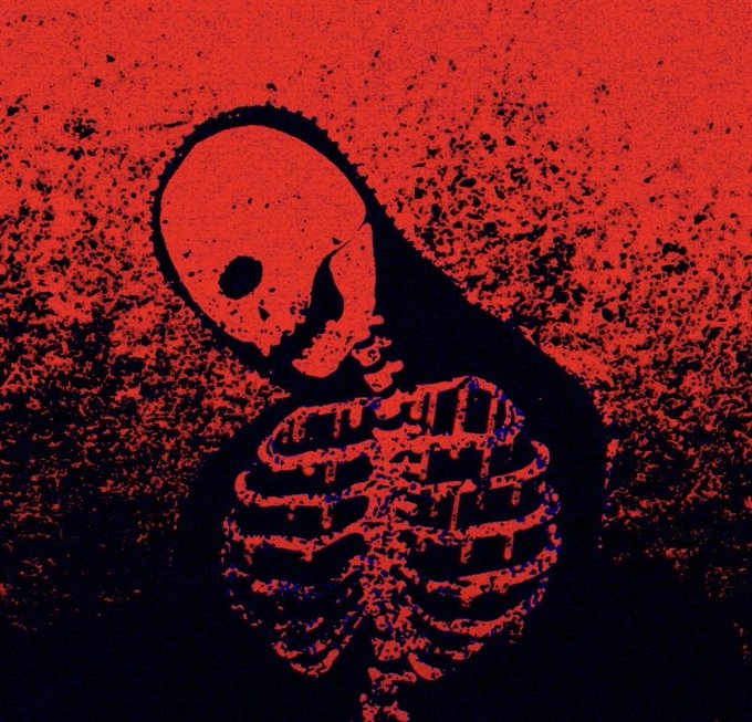 A dark, textured illustration of a skull-like figure holding a coiled, cage-like structure, rendered in high-contrast red and black tones.