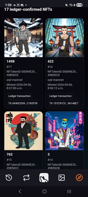 A mobile app screen displaying 17 ledger-confirmed NFTs with transaction details and a 'Mint XRP mainnet' label.