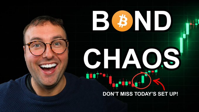 A YouTube-style thumbnail shows a smiling man with glasses next to a green candlestick chart, with text reading 'BOND CHAOS' and 'DON'T MISS TODAY'S SET UP!'