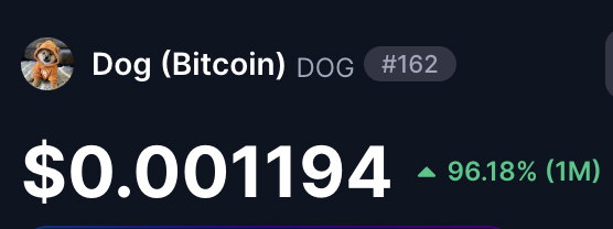 A cryptocurrency price display showing Dog (Bitcoin) DOG at $0.001194 with a 96.18% increase over 1 month, ranked #162.