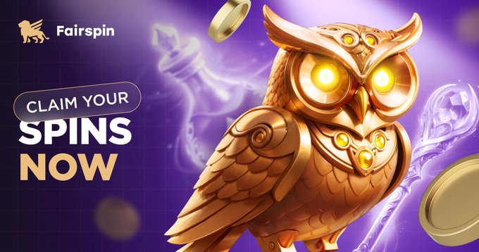 A promotional advertisement for Fairspin casino featuring a golden owl with glowing eyes alongside text reading 'CLAIM YOUR SPINS NOW.'