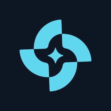 A cyan swirling pinwheel or blade-like logo on a dark background, featuring a four-pointed star at its center.