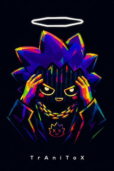 Colorful digital artwork of an edgy character with rainbow-colored spiky hair, a white halo, gold chains, and the text 'T r A n i T o x' at the bottom.