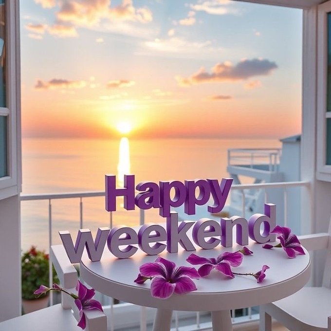 The image features a white table with flowers and a sign that reads "Happy Weekend". The flowers are purple, adding a touch of color to the scene. The setting appears to be an outdoor patio or balcony overlooking the ocean, as there's a window visible in the background. The overall atmosphere seems serene and peaceful, with the focus on celebrating the weekend rather than engaging in typical weekend activities like watching TV or using social media.