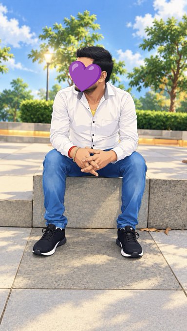 A man wearing a white shirt and blue jeans sits on a concrete bench outdoors, with a purple heart emoji covering his face.