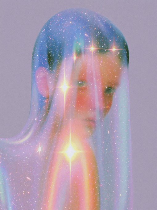 A dreamy, iridescent portrait of a figure with long flowing hair, glowing with cosmic sparkles and rainbow light effects.