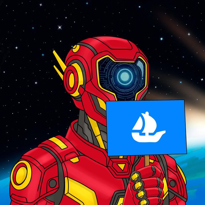 A red robotic figure with a digital blue "eye" stands against a starry cosmic backdrop, holding the OpenSea logo (a white sailboat on a blue square) in its hand, promoting the upcoming PLAYROBOZ: S.E.E.D NFT mint.