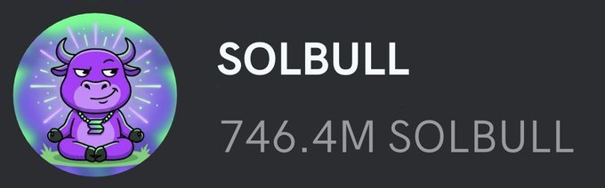 A promotional graphic for a cryptocurrency airdrop featuring a cartoon purple bull meditating in a lotus position inside a glowing teal circle, alongside the text "SOLBULL" and a total supply of "746.4M SOLBULL." The image visually represents the $SOLBULL token being airdropped to Solana wallet addresses as described in the accompanying post.
